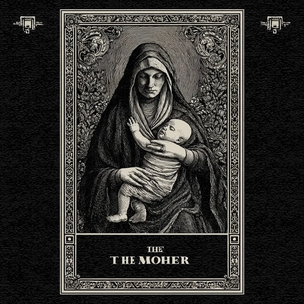 A black and white illustration depicts a mother cradling her infant child.  The style is reminiscent of a woodcut or etching, with intricate detailing in the clothing and ornate frame. The mother's expression is solemn, and the baby appears peaceful.  The image is titled "The The Moher," suggesting a melancholic or somber tone.  The overall aesthetic is dark and gothic.