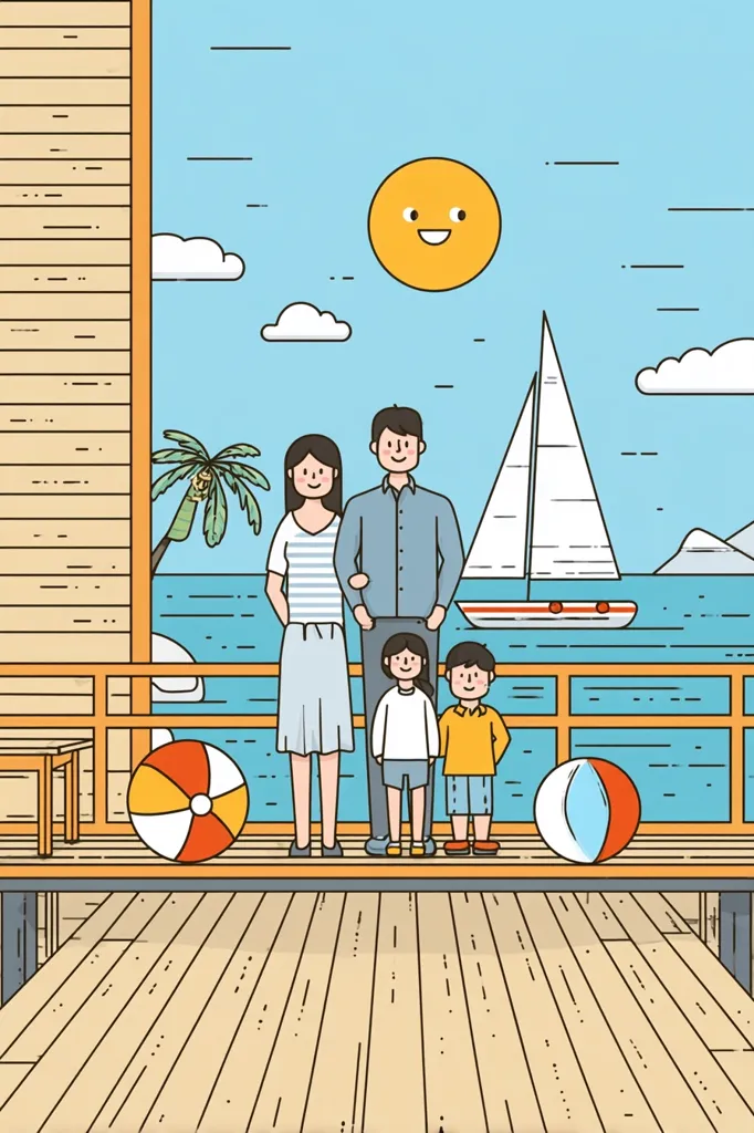 A happy family of four stands on a wooden deck overlooking a calm ocean.  A sailboat is visible in the distance under a bright, smiling sun.  Beach balls lie on the deck, and palm trees are seen in the background, suggesting a tropical vacation. The illustration is in a simple, clean line art style.