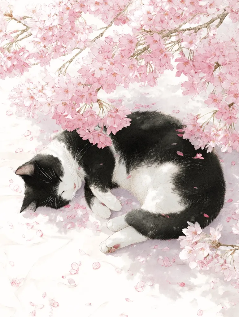 A tuxedo cat peacefully sleeps amidst a shower of delicate pink cherry blossoms.  The cat, predominantly black and white, curls into a comfortable position, its paws tucked beneath.  Pale pink petals scatter around it, creating a serene and idyllic spring scene.  The soft watercolor style enhances the gentle, dreamlike atmosphere.
