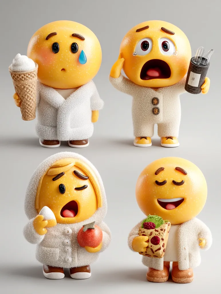 Four adorable emoticon figurines, each wearing a fluffy white robe, express different emotions.  One holds ice cream, looking sad. Another is terrified, clutching a container. A third yawns, holding an egg and apple. The last one smiles contentedly, carrying a pastry.  They are charmingly rendered with realistic textures and expressions.