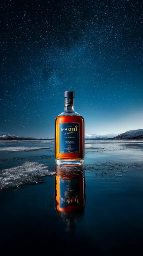 A bottle of Martell cognac stands on a frozen lake under a breathtaking night sky brimming with stars. The dark blue of the twilight sky mirrors the deep hues of the calm water.  The bottle's reflection is perfectly captured on the glassy surface, creating a stunning visual symmetry against the serene, wintry landscape.  The image evokes a sense of tranquility and sophistication.