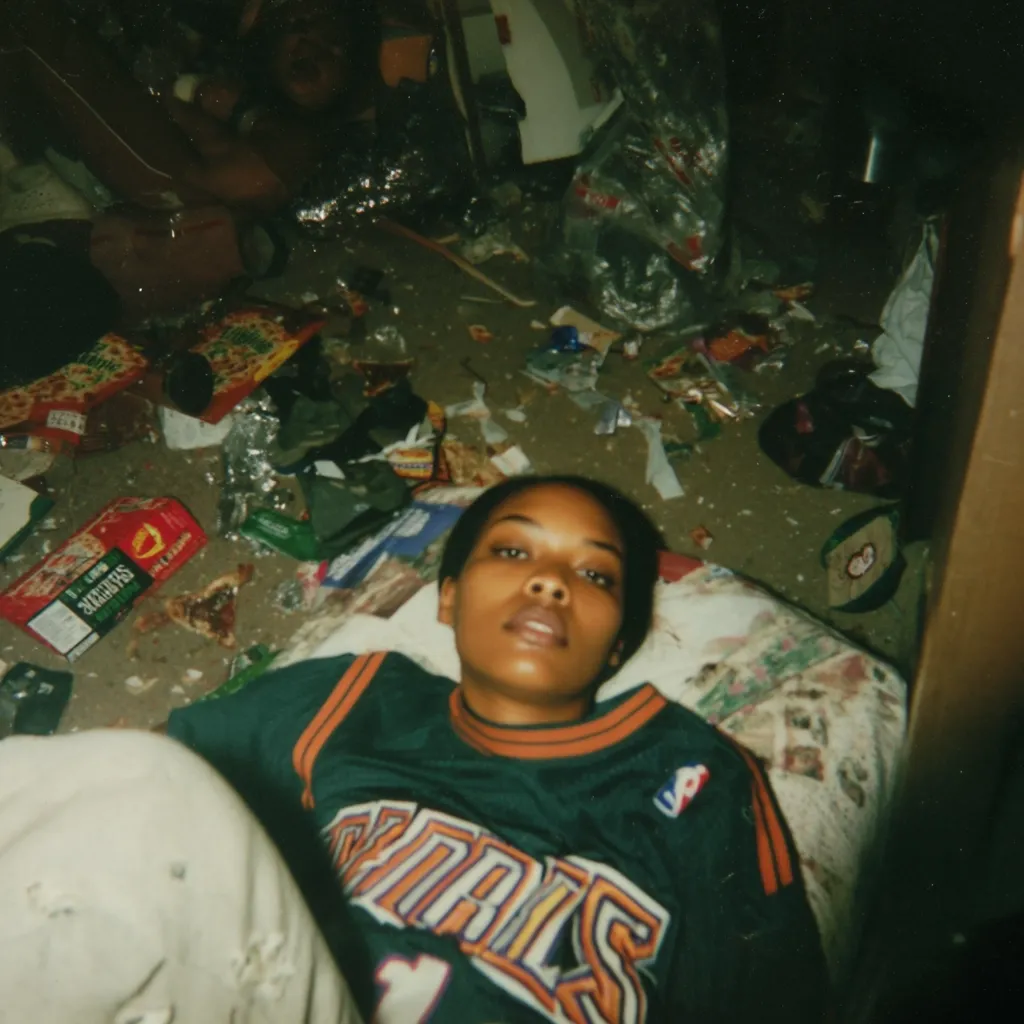 A young woman lies on a floor strewn with trash, wearing a dark green jersey with orange lettering.  Pizza boxes, wrappers, and other debris surround her.  In the background, another person sits amidst more clutter. The scene is dimly lit, suggesting a messy, possibly abandoned, interior space. The overall impression is one of disorder and disarray.
