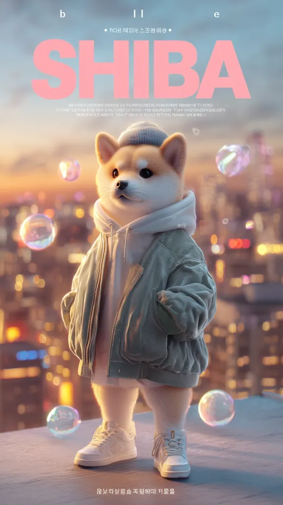 A Shiba Inu dog, stylishly dressed in a light green jacket and white sneakers, stands on a rooftop at sunset.  Bubbles float around it, adding a whimsical touch to the scene. The large word "SHIBA" is prominently displayed above the dog, along with Korean text. The overall image is digitally rendered, showcasing a cute and fashionable canine character.