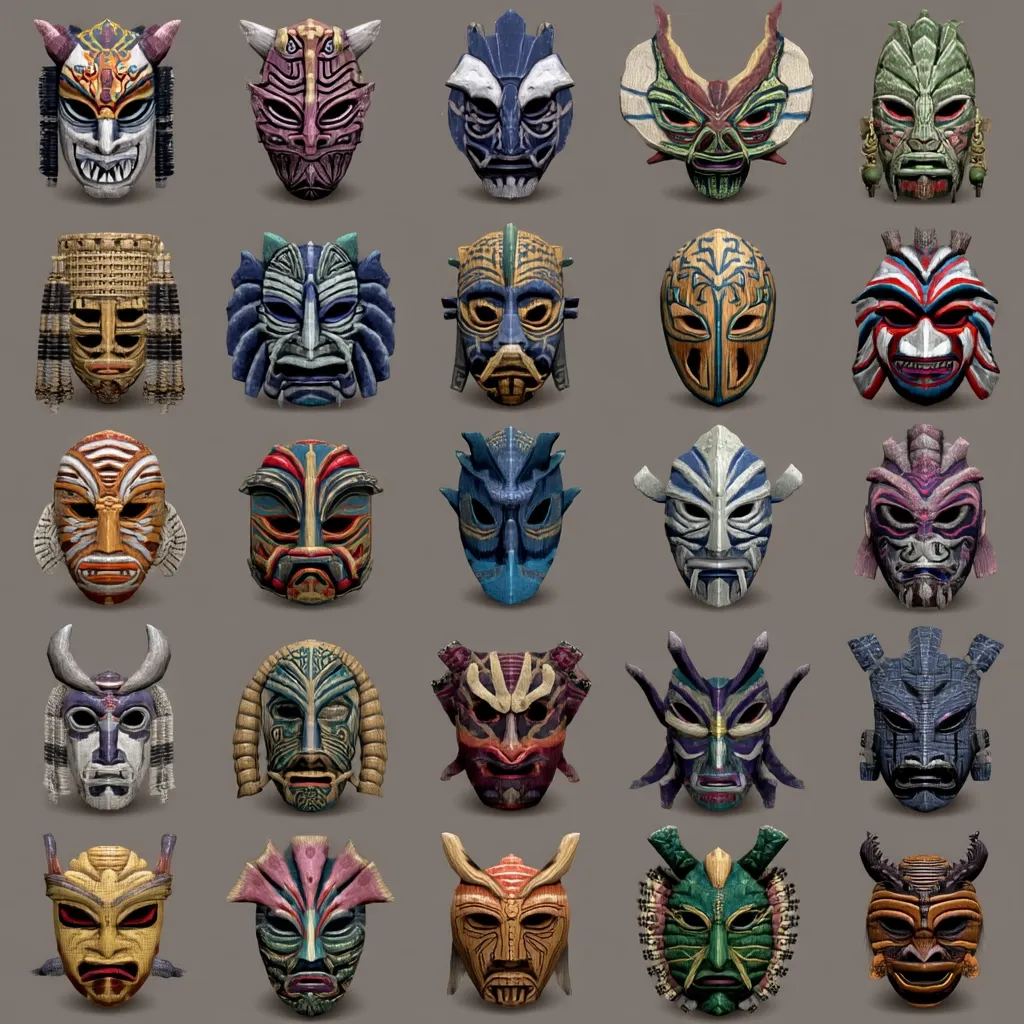 A grid showcases twenty-five intricately carved masks, each displaying unique designs and vibrant colors.  The masks exhibit diverse styles, hinting at various cultural influences, with features ranging from menacing to serene.  The detailed craftsmanship is evident in the textures and patterns adorning each mask. They are arranged in a symmetrical pattern against a neutral gray background.