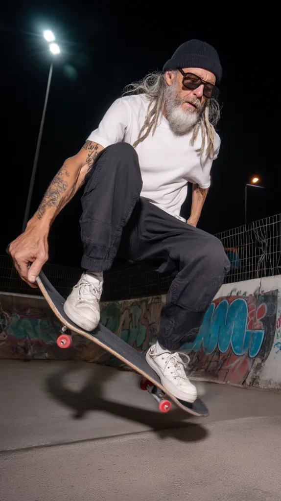 An older man with long gray hair and a beard, wearing a white t-shirt, black pants, a beanie, and sunglasses, performs a skateboarding trick at night.  He's crouched low over his board, his tattooed arms visible. The setting is an outdoor skate park with graffiti-covered walls, illuminated by streetlights.  He's in mid-air, showcasing his skills.