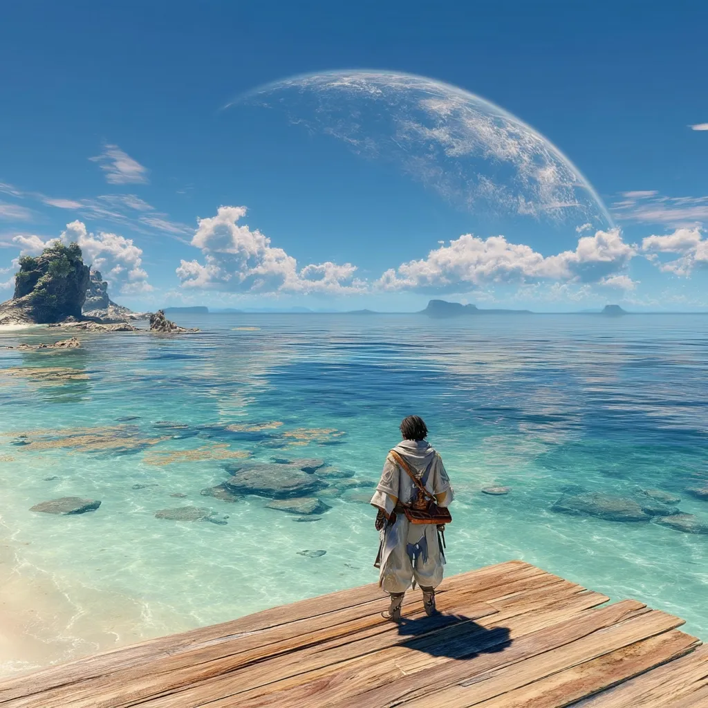 A lone figure, clad in light beige robes and carrying a satchel, stands on a wooden dock overlooking a tranquil turquoise sea.  Shallow waters reveal rocks beneath the surface.  A small, rocky island sits to the left, while a large, pale celestial body dominates the sky above a calm horizon. The scene is idyllic and peaceful, evoking a sense of serene isolation and fantasy.