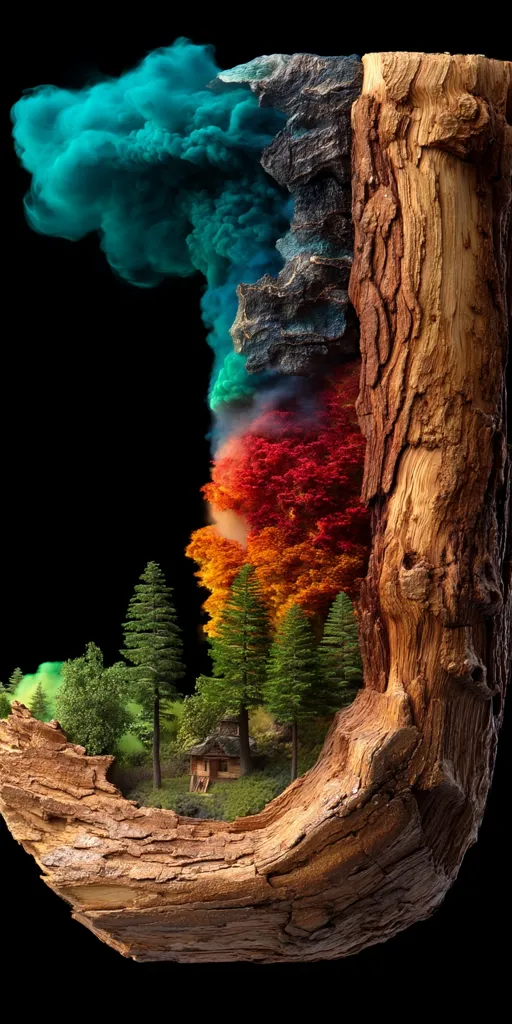 A hollowed-out section of a tree trunk reveals a miniature forest scene within.  Vibrant, colorful smoke billows from the top, transitioning through teal, grey, and finally settling into warm autumnal hues that bathe the tiny trees and a small cabin nestled amongst them.  The contrast between the rough texture of the wood and the delicate detail of the miniature landscape is striking. The image is set against a stark black background.