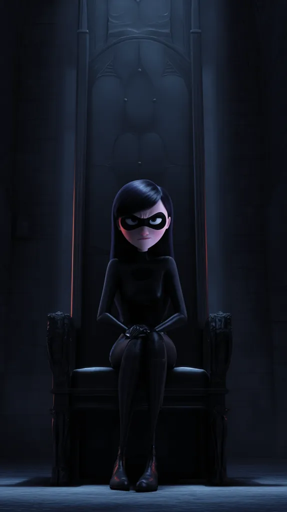 Violet Parr, from Pixar's *Incredibles*, sits sternly on a dark throne.  Clad in a black, form-fitting suit, her dark hair frames a serious expression.  The shadowy setting and imposing chair enhance her powerful demeanor, suggesting a moment of authority or contemplation.  Her glowering gaze adds to the scene's dramatic tension.