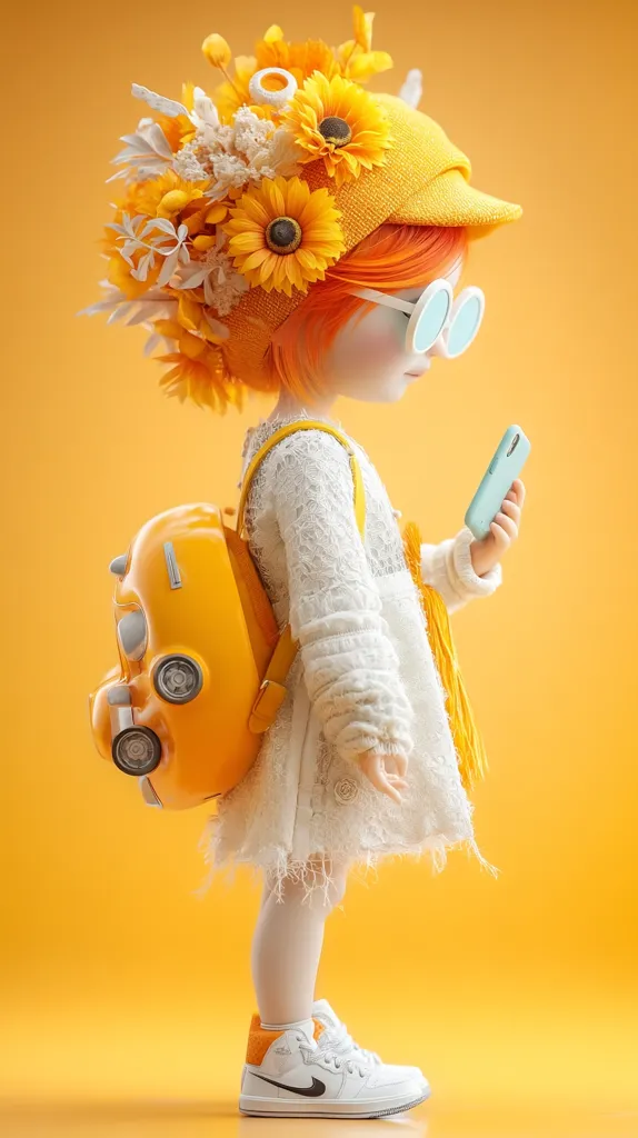 A 3D-rendered image showcases a cute girl with vibrant orange hair, adorned with a yellow hat and sunflowers.  She's dressed in a white lace dress, carrying a miniature yellow car backpack and using a light teal cellphone.  The girl wears white sneakers and round white sunglasses.  The bright yellow background complements her sunny attire.