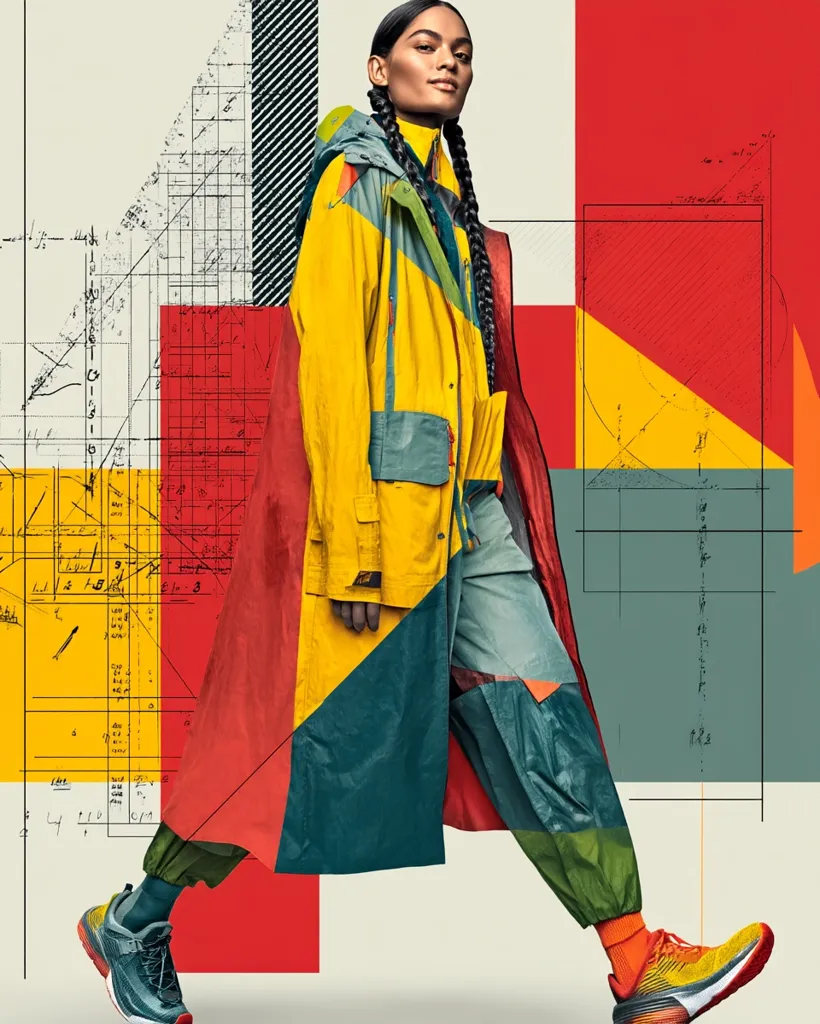 A fashion model strides confidently, showcasing a vibrant yellow and teal color-blocked raincoat and matching pants.  Her long braids frame her face, and she wears orange socks with multicolored sneakers.  The background is a bold collage of geometric shapes and architectural blueprints in red, yellow, and grey, creating a dynamic and modern aesthetic.