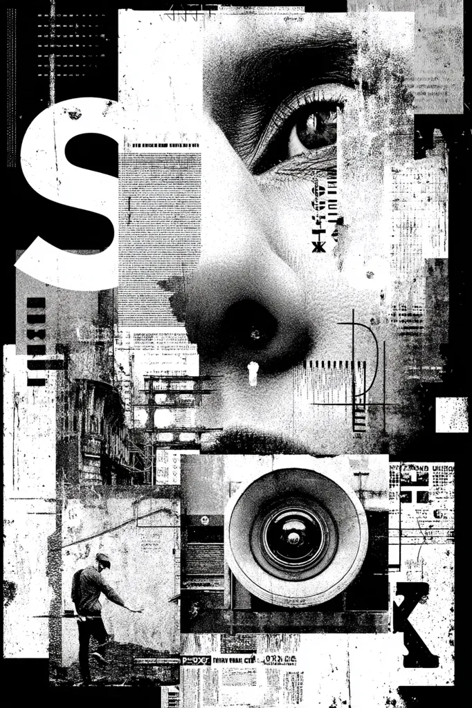 A black and white collage features a woman's eye and nose, overlaid with textured fragments of text, architectural structures, and a large lens.  The style is gritty and abstract, combining elements of photojournalism and graphic design.  A figure in the lower left appears to be a person working or observing.  The overall effect is a powerful blend of urban imagery and human emotion.  Large letters "S" and "K" flank the composition.