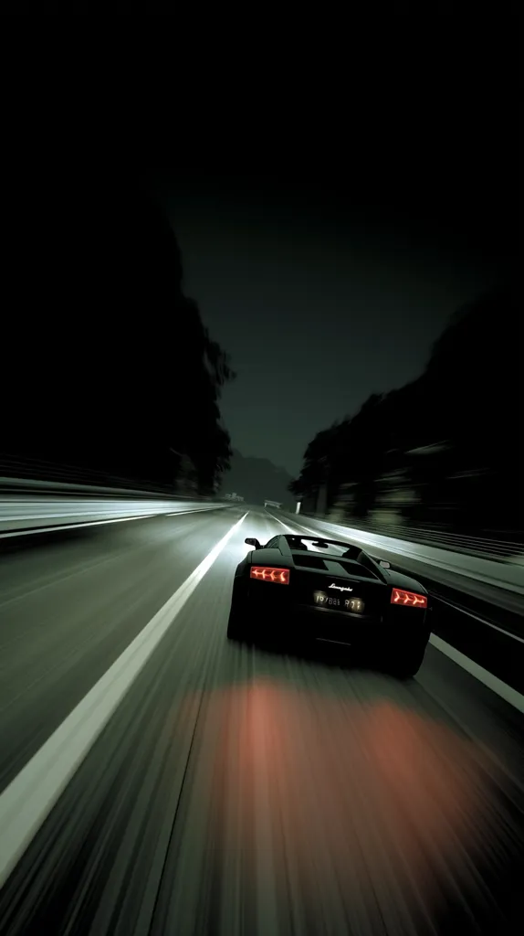 A black Lamborghini speeds down a highway at night.  The blurred motion of the road and surrounding trees emphasizes the car's velocity.  The taillights glow brightly, contrasting against the dark background. The scene is dramatic and evokes a sense of speed and power.  A faint light from the car's headlights illuminates the road ahead.
