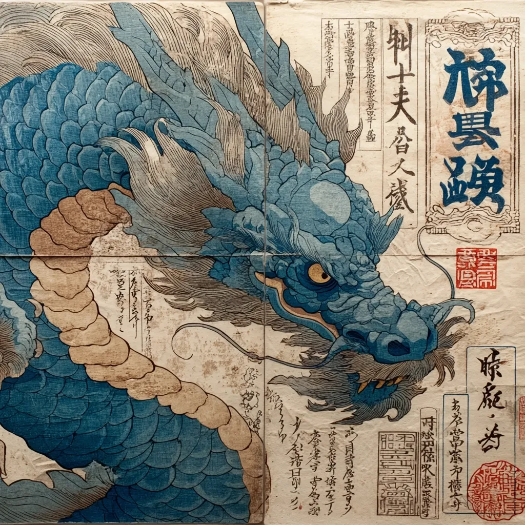 A detailed close-up of a vintage Japanese woodblock print depicts a majestic blue dragon.  The dragon's head and a portion of its body are shown, rendered in shades of blue and beige.  The aged paper shows signs of wear, adding to its antique aesthetic.  Japanese characters are visible on the surrounding paper, likely text associated with the artwork.  The dragon's scales and whiskers are meticulously depicted, showcasing the artistry of the print.