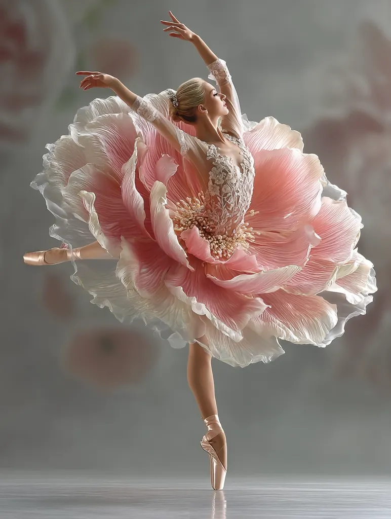 A ballerina, poised en pointe, wears a breathtaking tutu crafted from delicate, blush-pink petals, resembling a giant peony.  Her elegant pose and the ethereal quality of the costume create a magical, dreamlike image.  The soft lighting and blurred background enhance the overall beauty and grace of the scene.