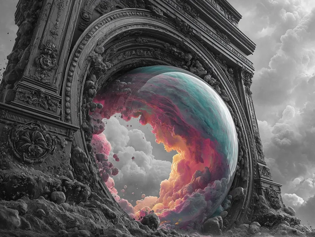 A grayscale triumphal arch crumbles, revealing a vibrant, colorful sphere within.  The sphere is filled with swirling, ethereal clouds of pink, orange, and teal, contrasting sharply with the monochrome stone.  The scene is surreal, suggesting a portal to another realm or a breaking through of fantasy into reality.  The sky beyond is stormy, mirroring the dramatic contrast between the decaying arch and the luminous sphere.