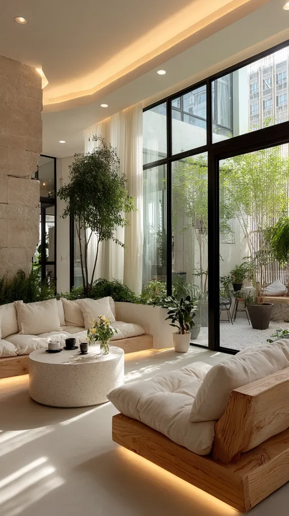 A minimalist living room features a low, light beige sofa with wooden base and built-in lighting.  Large windows showcase a lush, green courtyard.  A matching low coffee table sits in the center.  Neutral tones and abundant natural light create a serene and tranquil atmosphere.  Potted plants add to the calming, natural ambiance of the space.  The walls are textured stone, providing a contrast to the smooth furniture.