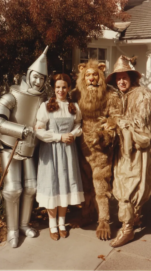 Dorothy Gale stands between the Tin Man and the Cowardly Lion, with the Wizard of Oz behind them.  The photo appears to be a behind-the-scenes shot, possibly from a stage production or film adaptation of "The Wizard of Oz."  The characters are in costume, posing outdoors in front of a house.  The setting suggests a sunny day.