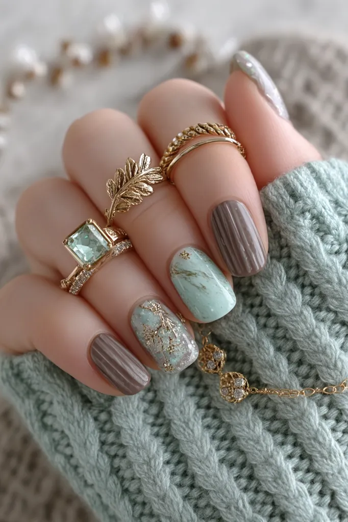 A close-up shot showcases a hand adorned with elegant nail art and gold rings.  The nails feature a combination of muted taupe and pastel mint green shades, with intricate designs including marble and delicate gold leaf accents.  The hand rests gently on a soft, light green knitted fabric, creating a cozy and stylish image.  The rings include a leaf design, a twisted band, and one featuring a light green gemstone.