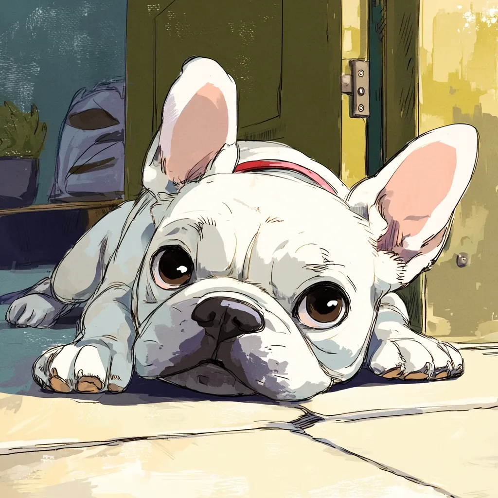 A charming illustration depicts a white French Bulldog lying on a tiled floor, its large, expressive eyes gazing directly at the viewer.  The dog's posture suggests a relaxed yet attentive state, possibly near an open doorway.  The artistic style is loose and painterly, with soft shading and visible brushstrokes.  A hint of a red collar is visible around its neck.