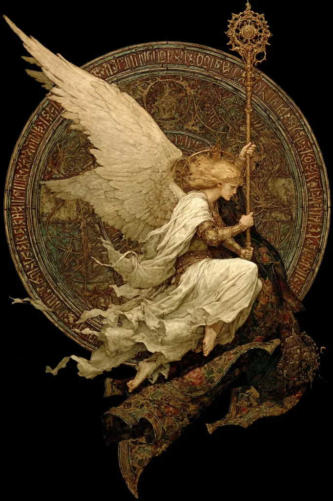 A winged angel, depicted in a painting, gracefully descends.  She holds a ornate staff, her flowing garment billowing around her.  The angel is positioned against a circular backdrop featuring intricate, symbolic designs and script. The overall style is dark and richly detailed, evocative of fantasy art or religious iconography.  Her expression is serene, yet her pose suggests movement and purpose.