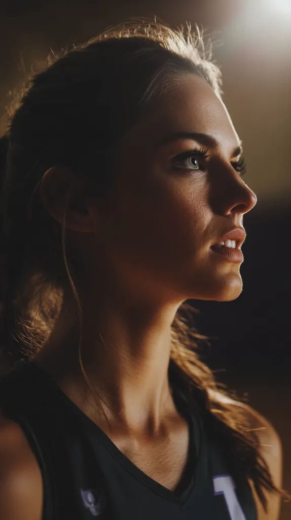 A close-up profile shot of a young woman with long brown hair, partially pulled back. She's wearing a dark v-neck athletic top.  Sunlight highlights her face, emphasizing her features:  green eyes, high cheekbones, and full lips.  Her expression is thoughtful and serene, gazing off into the distance. The background is dark and blurred, focusing attention on the subject.