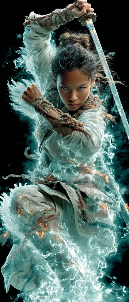 A fierce female warrior, clad in weathered grey clothing, leaps through an ethereal, teal energy field.  She grips a katana, its blade extending upwards.  Her determined expression and powerful stance convey strength and skill.  The image is dynamic, suggesting both action and mystical power.
