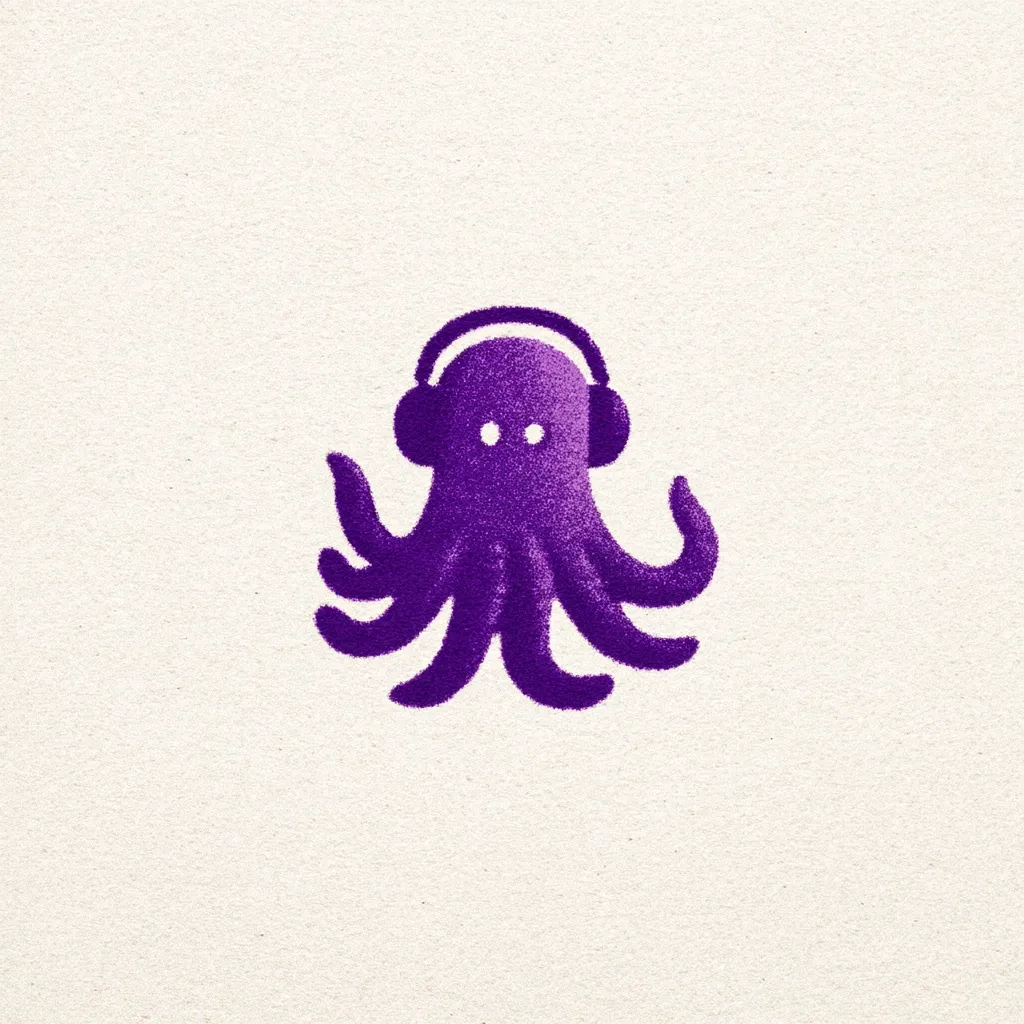 A purple octopus wearing headphones is depicted against a textured off-white background.  The octopus is stylized with a simple, cartoonish design. Its texture appears slightly fuzzy or hairy.  The image is minimalist and could be used as a logo or design element.