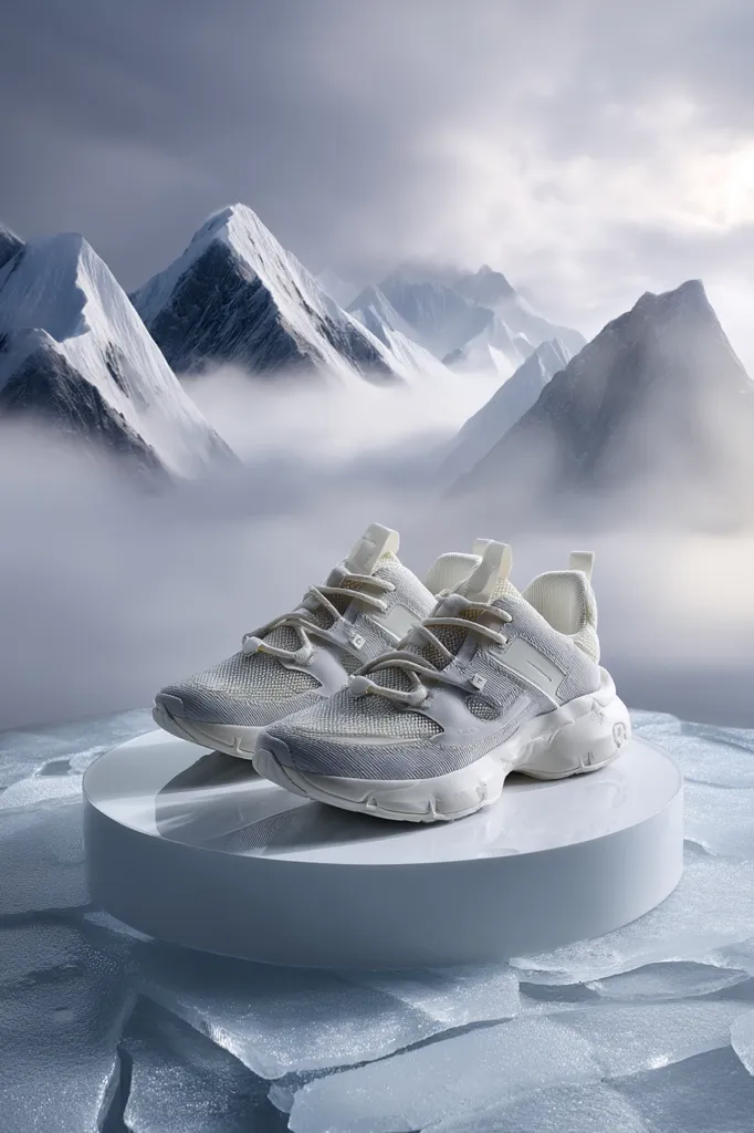 A pair of light grey athletic shoes rests on a white circular platform amidst a glacial landscape.  The shoes have a chunky sole and breathable mesh upper.  The backdrop features snow-capped mountains partially obscured by mist, creating a dramatic and cold aesthetic.  The overall image suggests a rugged, outdoor-oriented design.