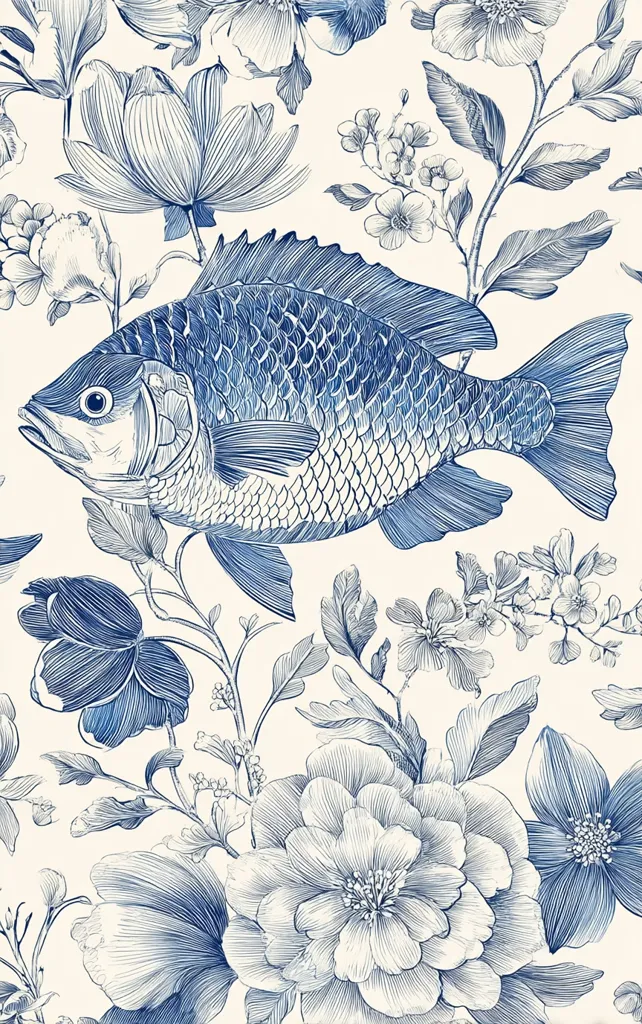 A detailed illustration showcases a fish amidst a vibrant floral arrangement.  The style is reminiscent of vintage botanical prints, rendered in shades of blue against a cream background.  Intricate linework defines the fish's scales and the delicate petals of various flowers, creating a harmonious blend of aquatic and floral motifs. The overall effect is elegant and refined.