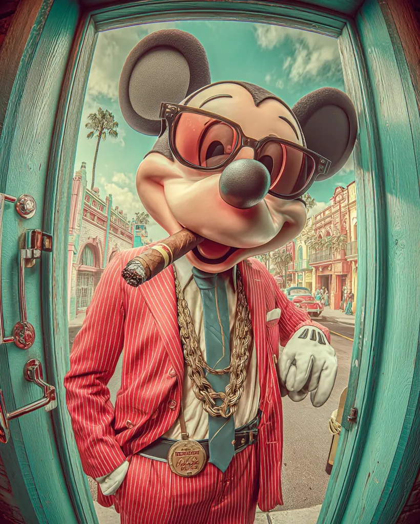A fisheye lens captures a stylized Mickey Mouse, dressed in a pinstripe red suit, gold chains, and sunglasses, nonchalantly holding a cigar.  He stands in a doorway, overlooking a vibrant, vintage-style street scene. The image is saturated with warm tones, giving it a retro feel.  Mickey's expression is cool and confident, conveying a sense of playful sophistication.