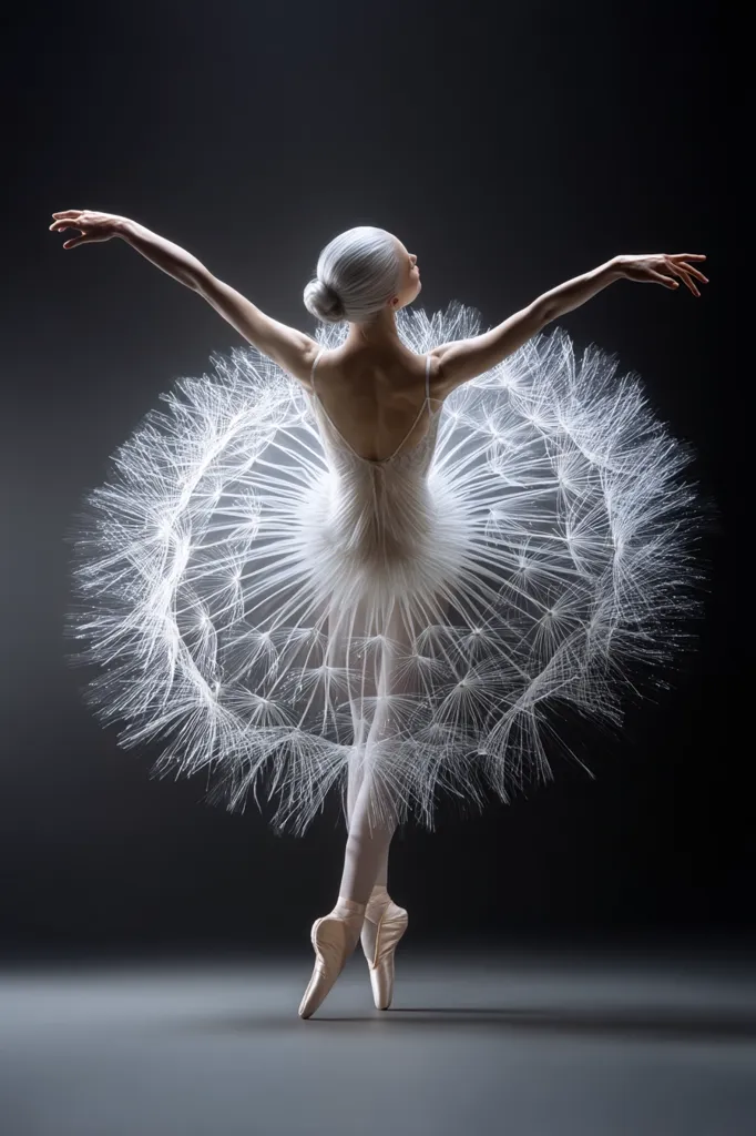 A ballerina, poised en pointe, displays a breathtaking dandelion-inspired tutu.  Her arms are extended gracefully, mirroring the delicate seedhead's form. The white costume contrasts beautifully against the dark background, highlighting the ethereal quality of the image. The overall effect is one of delicate beauty and refined elegance.