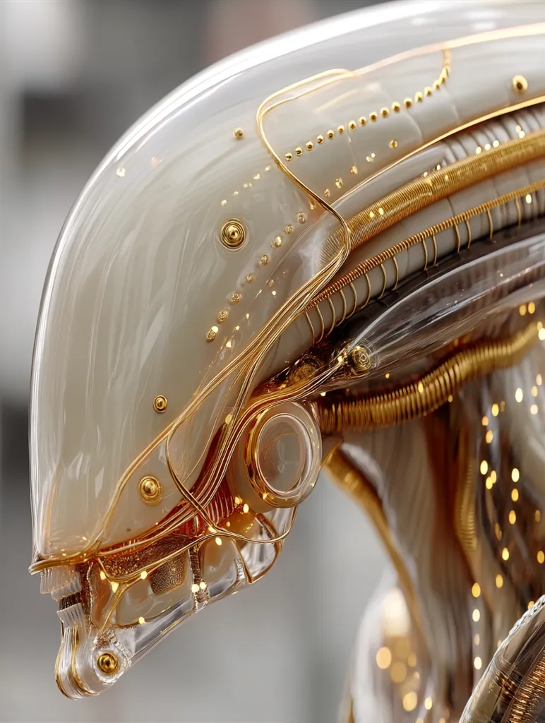 A close-up reveals a meticulously crafted, translucent sculpture resembling an alien head.  The off-white body is intricately detailed with gold wiring and accents, creating a luxurious and otherworldly aesthetic.  The smooth curves of the head contrast with the complex, almost mechanical, detailing of the inner workings.  Small, glowing lights subtly illuminate the piece, enhancing its futuristic appeal.