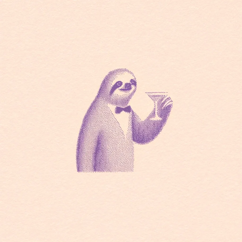 A stylized illustration depicts a sloth in a tuxedo, holding a martini glass.  The image is rendered in a purple-toned stipple effect against a pale peach background.  The sloth appears sophisticated and slightly amused, creating a humorous juxtaposition of animal and formal attire. The overall style is reminiscent of vintage printmaking.