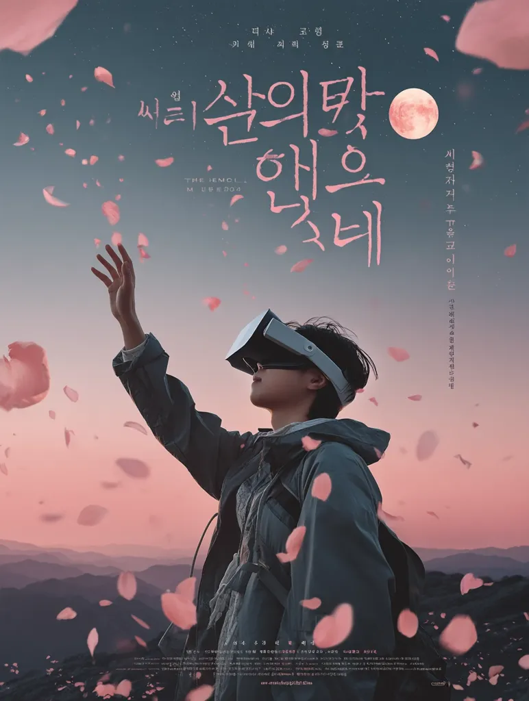 A poster for the Korean film "The Memory of the Sea of Cherry Blossoms" depicts a person wearing a VR headset, reaching up amidst falling pink petals against a twilight sky with a large, full moon. The scene suggests a blend of virtual reality and nature, with a serene and slightly melancholic atmosphere.  The title is written in stylized Korean script, accompanied by smaller text, likely credits and release information.