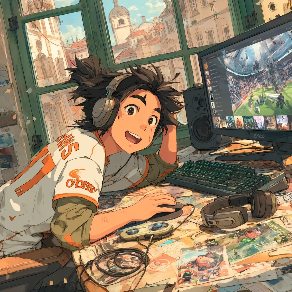 A young, smiling anime-style person with headphones is leaning on a desk, engrossed in a computer game displayed on a large monitor.  The room is sunlit, overlooking a charming European-style cityscape visible through a large window.  Various gaming peripherals, papers, and photographs are scattered across the desk, creating a cozy and vibrant atmosphere.  The overall style is warm and inviting.