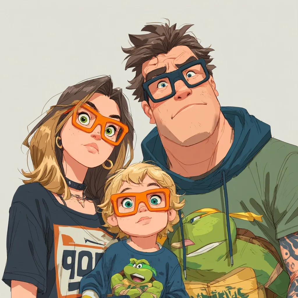 A stylized illustration depicts a family portrait. The father, with dark hair and glasses, is positioned centrally.  His wife, with long light brown hair and orange-framed glasses, is beside him.  Their young child, also wearing orange glasses, is nestled in front, holding a Teenage Mutant Ninja Turtle toy.  The family's clothing and the presence of the turtle suggest a playful and possibly nostalgic theme. The art style is clean and modern with bold colors and simplified features.