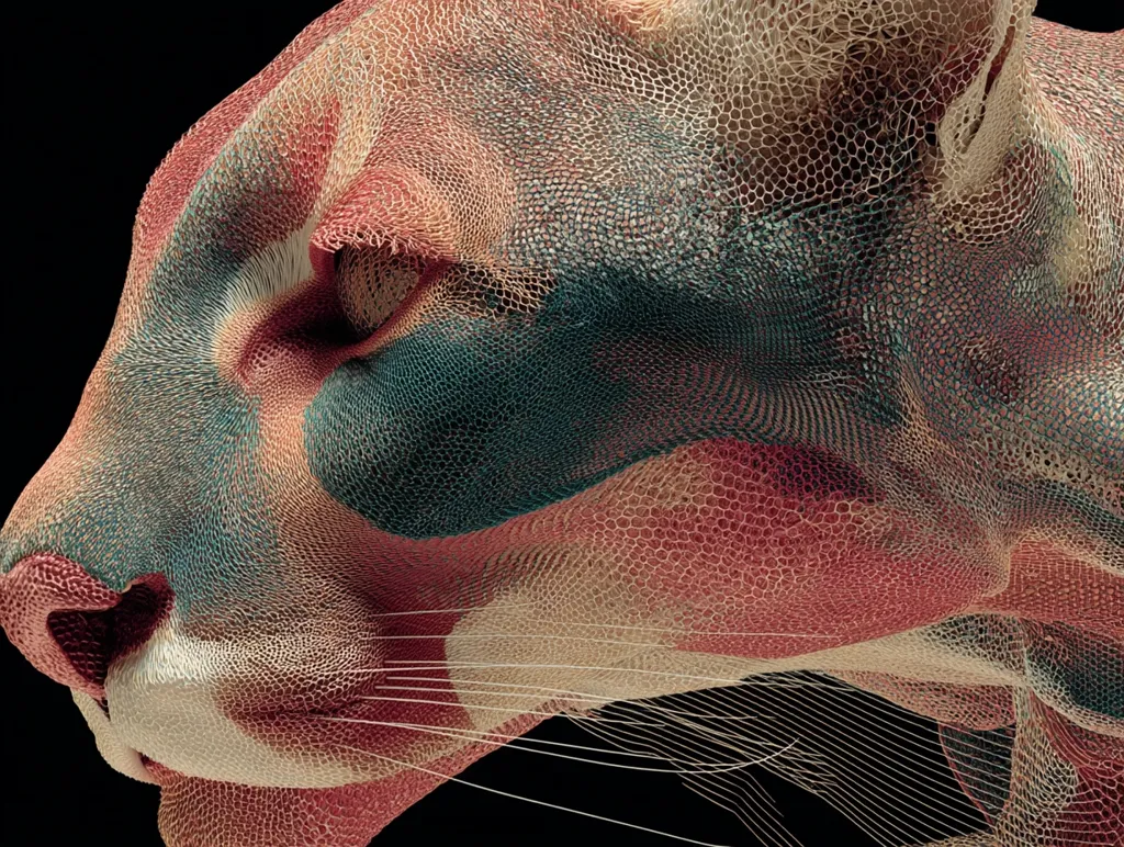 A close-up profile view of a stylized feline head.  The animal's fur is depicted as a complex, textured network of interconnected nodes, creating a three-dimensional, almost crocheted effect.  Colors range from muted reds and tans to deep teal, suggesting a camouflage pattern.  The image is dark and moody, emphasizing the intricate detail of the simulated fur.