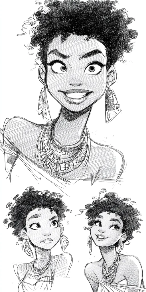 A pencil sketch features a young Black woman with large eyes and a wide smile, adorned with elaborate necklaces and earrings.  Her curly hair is voluminous.  The main image is complemented by two smaller sketches showing the same character from different angles, one looking pensive, the other looking upward with a serene expression.  The style is expressive and cartoonish.