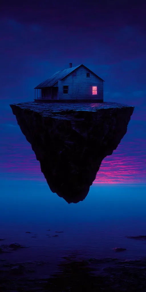 A small, weathered house sits atop a dark, isolated rock formation, seemingly floating above a tranquil, dark blue body of water.  A single, glowing pink window illuminates the house, contrasting with the deep blue twilight sky. The scene is surreal and peaceful, conveying a sense of isolation and mystery.  The sky displays a hint of pink at the horizon.
