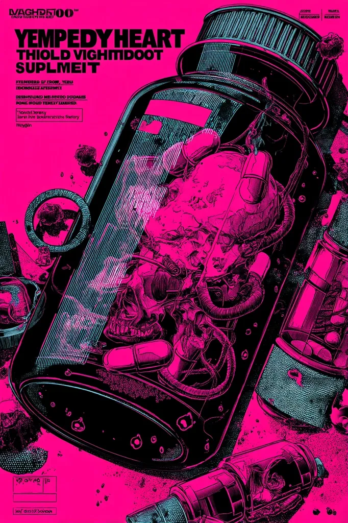A vibrant pink and teal illustration depicts a large pill bottle containing a biomechanical skull and internal organs.  Intricate linework details the scene, creating a surreal and slightly disturbing image.  Surrounding the bottle are capsules and other bio-mechanical components, contributing to a futuristic, possibly dystopian, aesthetic. The title "YEMPEDY HEART THIOLD VIGHITIDOOT SUPLMEIT" is prominently displayed above.