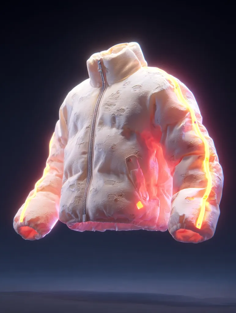 A cream-colored puffer jacket with a distressed texture is showcased against a dark background.  Neon orange highlights accentuate the sleeves and zipper. The jacket is seemingly floating, creating a futuristic and stylized image. The design is modern and avant-garde, emphasizing a unique and artistic aesthetic.