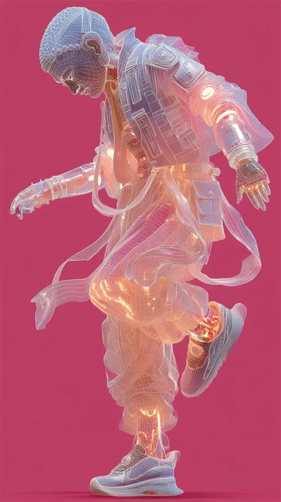 A wireframe figure, seemingly a young person, is depicted in a dynamic pose against a solid pink backdrop.  The figure wears futuristic clothing and shoes, with glowing orange lines tracing internal structures, giving a translucent, almost holographic appearance.  The style blends streetwear fashion with technological elements, creating a striking visual. The pose suggests movement and energy.