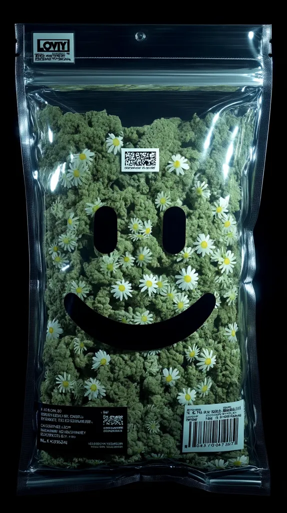 A transparent resealable bag contains a green, leafy substance interspersed with white daisies.  A large, simple smiley face is formed by the arrangement of the flowers and the substance.  The bag features a QR code and labeling, suggesting a product packaging. The overall aesthetic is modern and minimalist with a slightly whimsical touch.