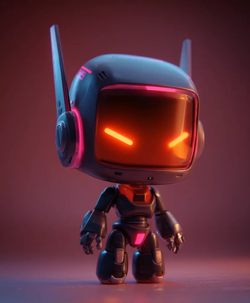 A cute, stylized robot stands against a dark pink background.  Its design is futuristic with a boxy head featuring glowing orange eyes and pink accents.  The robot has short, stubby limbs and antennae-like protrusions on its head, adding to its unique and charming appearance. The lighting enhances the robot's metallic texture and vibrant colors.