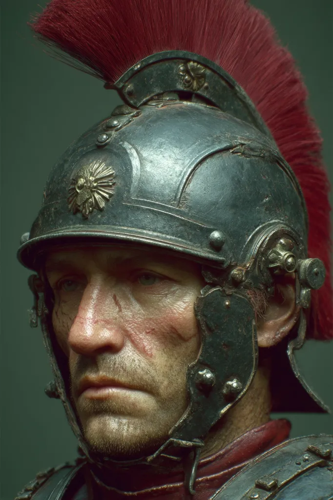 A close-up shot of a meticulously detailed 3D rendering depicting a Roman soldier. He wears a weathered, metallic helmet adorned with a crimson plume and intricate metalwork.  The soldier's face shows signs of battle, with visible scars and a grizzled expression.  The image's muted color palette and focus on texture create a realistic and evocative portrayal.