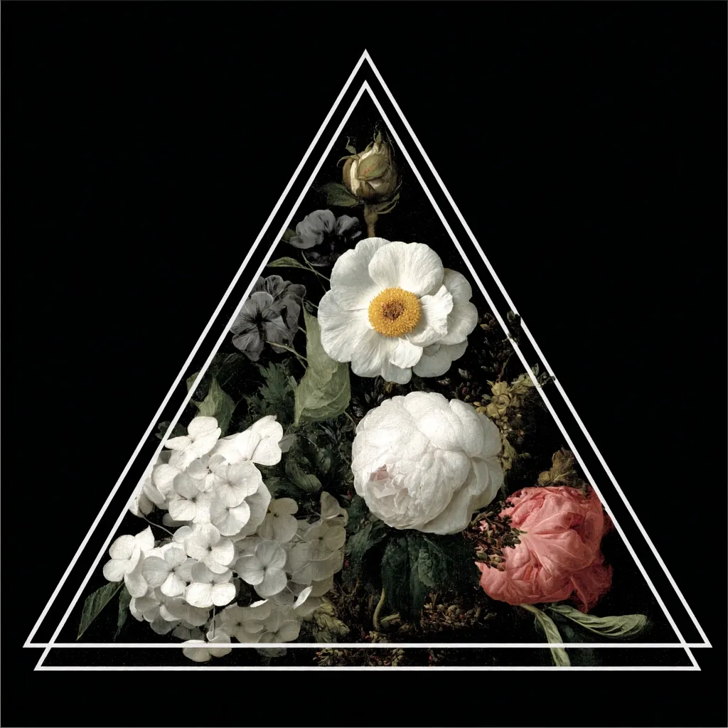 A still life painting of a bouquet of flowers is framed within a double, white triangle on a black background.  The bouquet features prominent white blooms, including a large anemone and peony, alongside delicate hydrangeas and a softer pink rose. Dark green foliage surrounds the flowers, creating a rich contrast against the stark black background and bright white flowers. The overall style evokes a classic, perhaps Dutch, still life aesthetic.