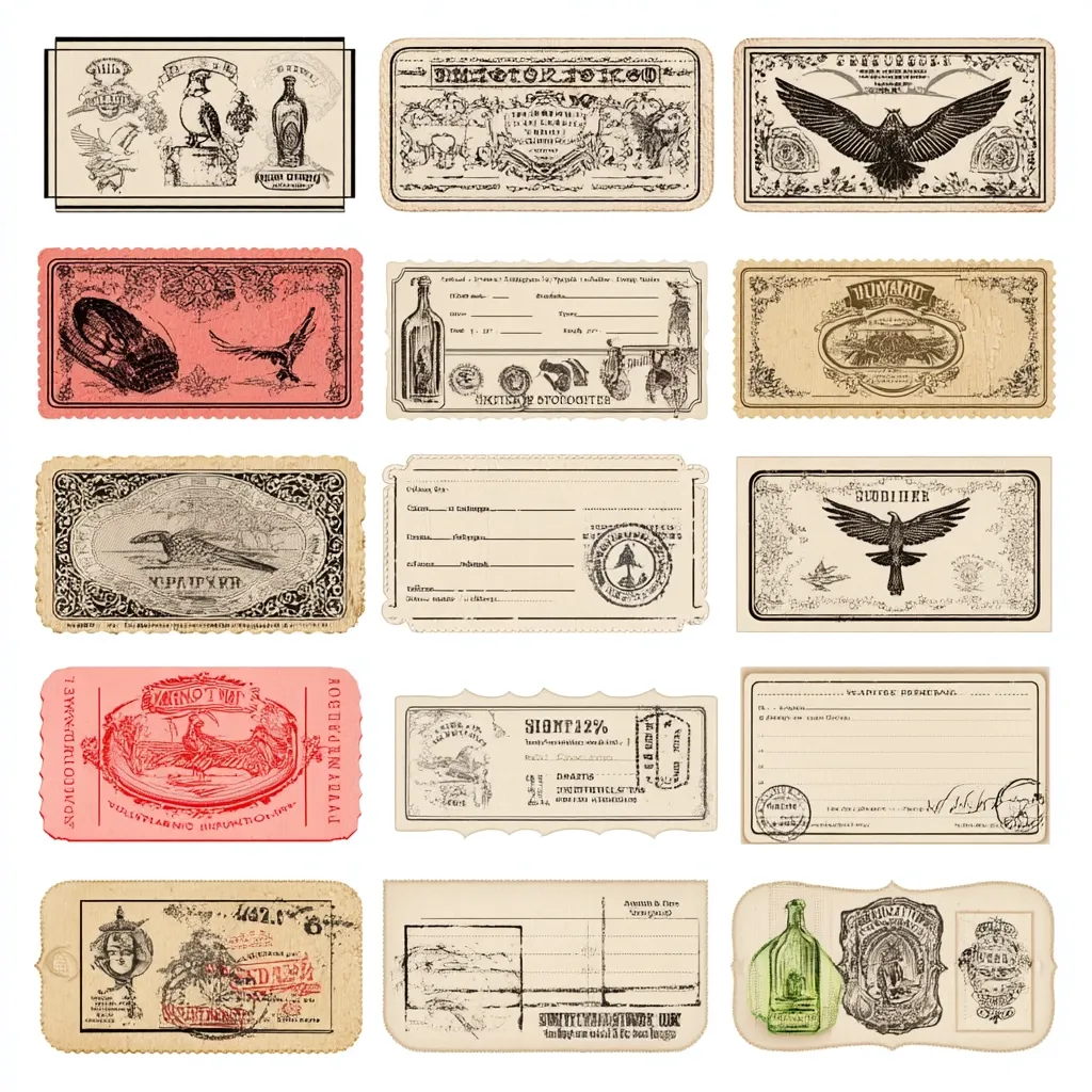 A collection of vintage-style labels and tags, featuring various designs.  These include ornate borders, illustrations of birds and animals, bottles, and text in a foreign language.  The overall aesthetic is antique and reminiscent of old-world packaging or shipping labels, with a distressed, aged look.  The labels are rectangular and vary in color, primarily beige, cream, and red.
