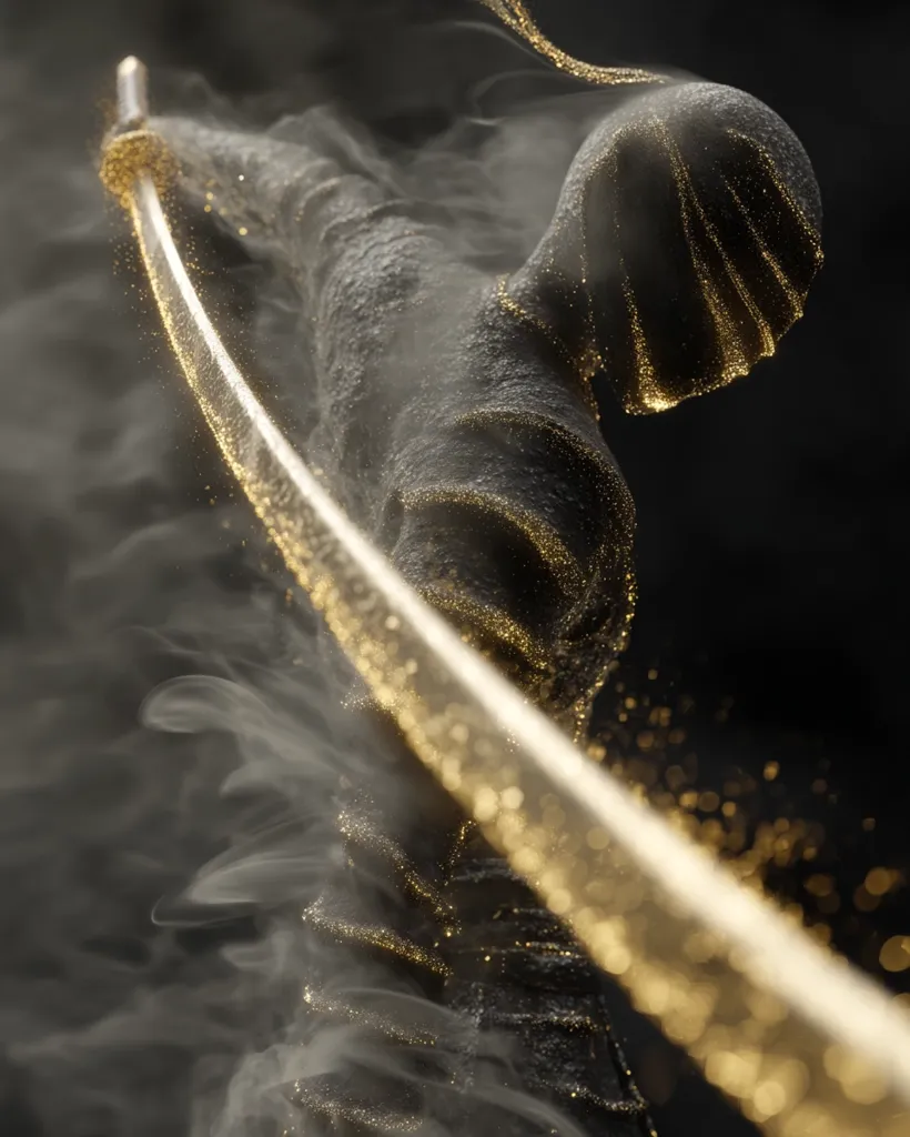 A stylized image depicts a warrior, cloaked in dark, glittering material, wielding a glowing gold katana.  Smoke swirls around the figure, adding to the mystical atmosphere. The warrior's helmet obscures their face, emphasizing the mysterious and powerful nature of the scene.  The gold accents on the warrior and the glowing blade create a striking contrast against the dark background.