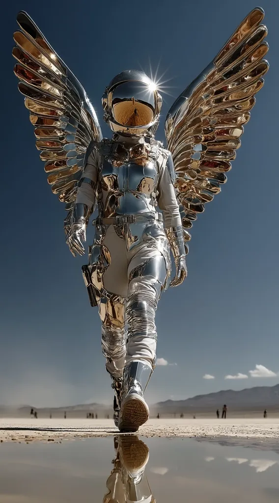 A metallic astronaut figure, adorned with large, golden wings, strides across a desolate, flat landscape.  The figure's reflective suit captures the bright sunlight.  A small puddle reflects the figure's image, enhancing the surreal and otherworldly atmosphere of the scene.  The vast, empty expanse emphasizes the lone figure's journey.