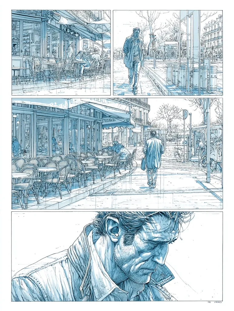 A detailed, monochromatic comic book panel depicts a man walking through a Parisian street. The scene unfolds in a series of panels, showcasing a cafe, pedestrians, and the city's architecture. The man, appearing pensive, is the central figure, his expressions subtly conveying a mood of contemplation or introspection.  The style is realistic, with meticulous attention to detail in the urban setting.  The overall color palette is cool, utilizing shades of blue and grey.